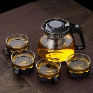 Glass Teapot Set with Stainless Steel Lid & 4 Matching Cups