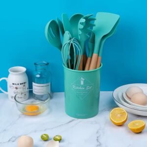 12 Piece Silicone Cooking Utensils Set with Wooden Handles + Holder
