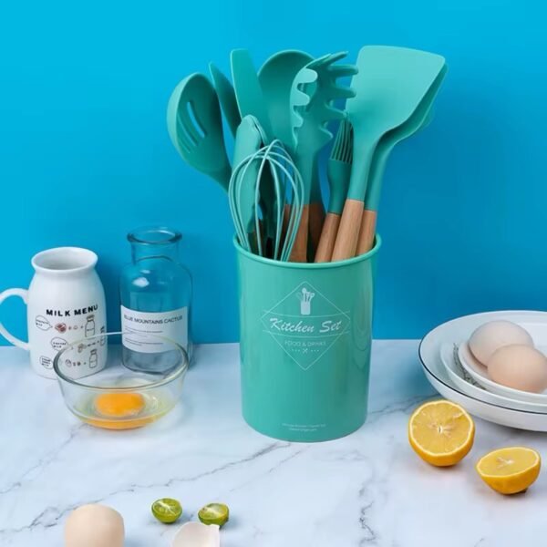 12 Piece Silicone Cooking Utensils Set with Wooden Handles + Holder