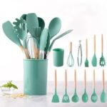 12 Piece Silicone Cooking Utensils Set with Wooden Handles + Holder