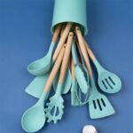 12 Piece Silicone Cooking Utensils Set with Wooden Handles + Holder