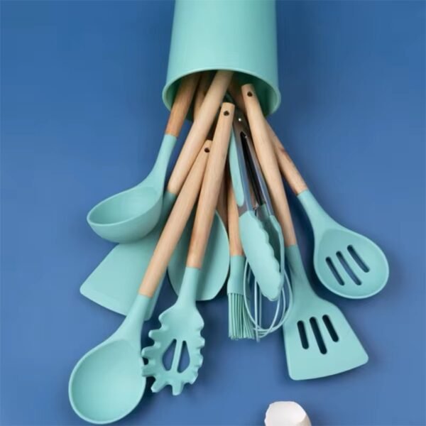 12 Piece Silicone Cooking Utensils Set with Wooden Handles + Holder