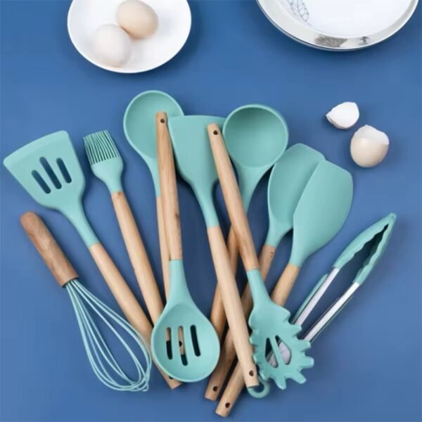 12 Piece Silicone Cooking Utensils Set with Wooden Handles + Holder