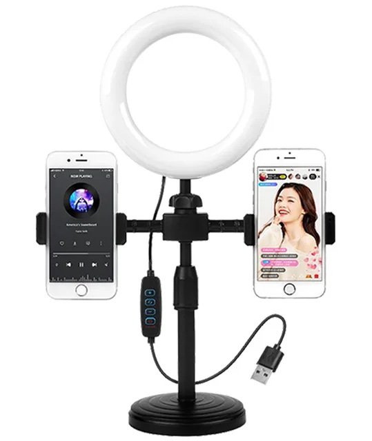 Dual-Phone Ring Light Stand with Adjustable LED - 6 inches