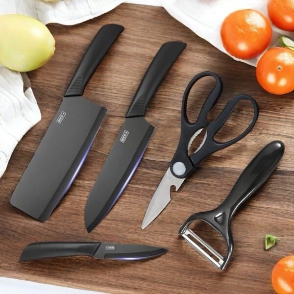 6-Piece Black Steel Kitchen Knife Set with Accessories