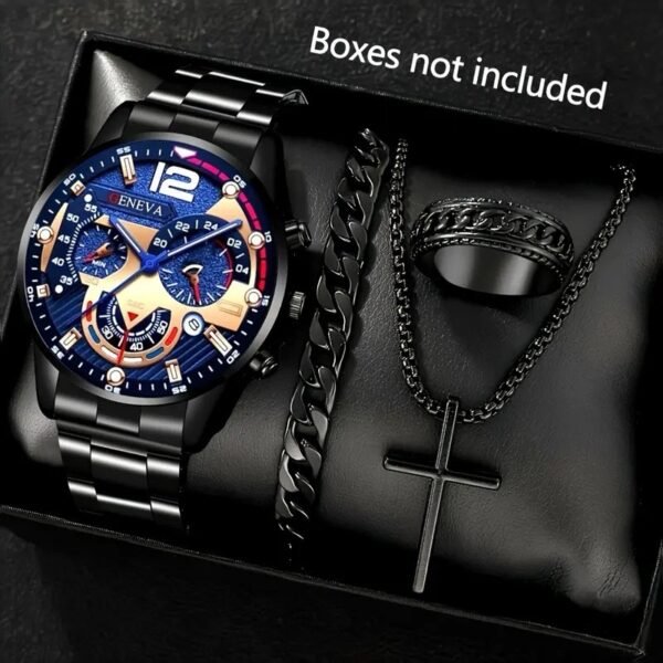 Men’s 4-in-1 Accessory Set – Watch, Bracelet, Ring & Cross Pendant
