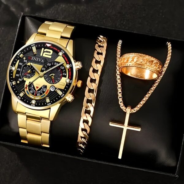 Men’s 4-in-1 Accessory Set – Watch, Bracelet, Ring & Cross Pendant