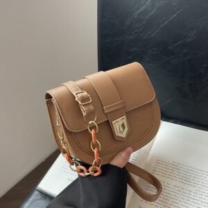 Compact Buckle-Flap Saddle Bag – Tan with Chain Accent
