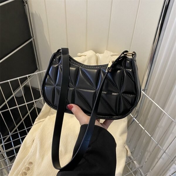 Glossy Black Geometric Quilted Shoulder Bag