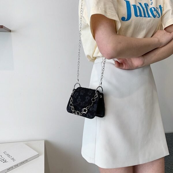 Floral Denim Mini Crossbody Bag with Chain Detail